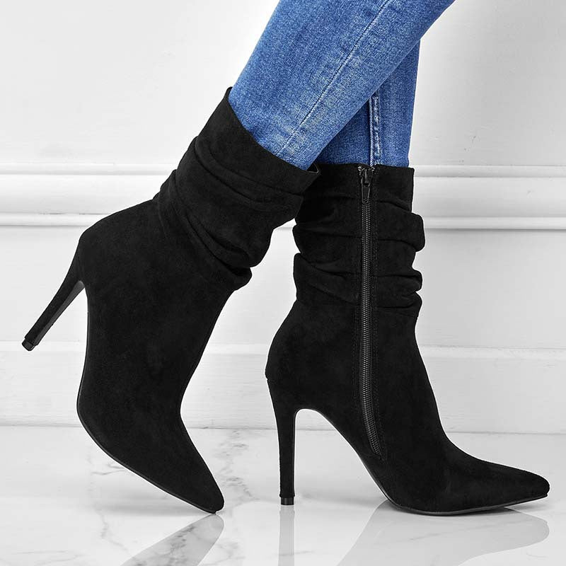 Kenike women's black suede pointed high heel boots front view