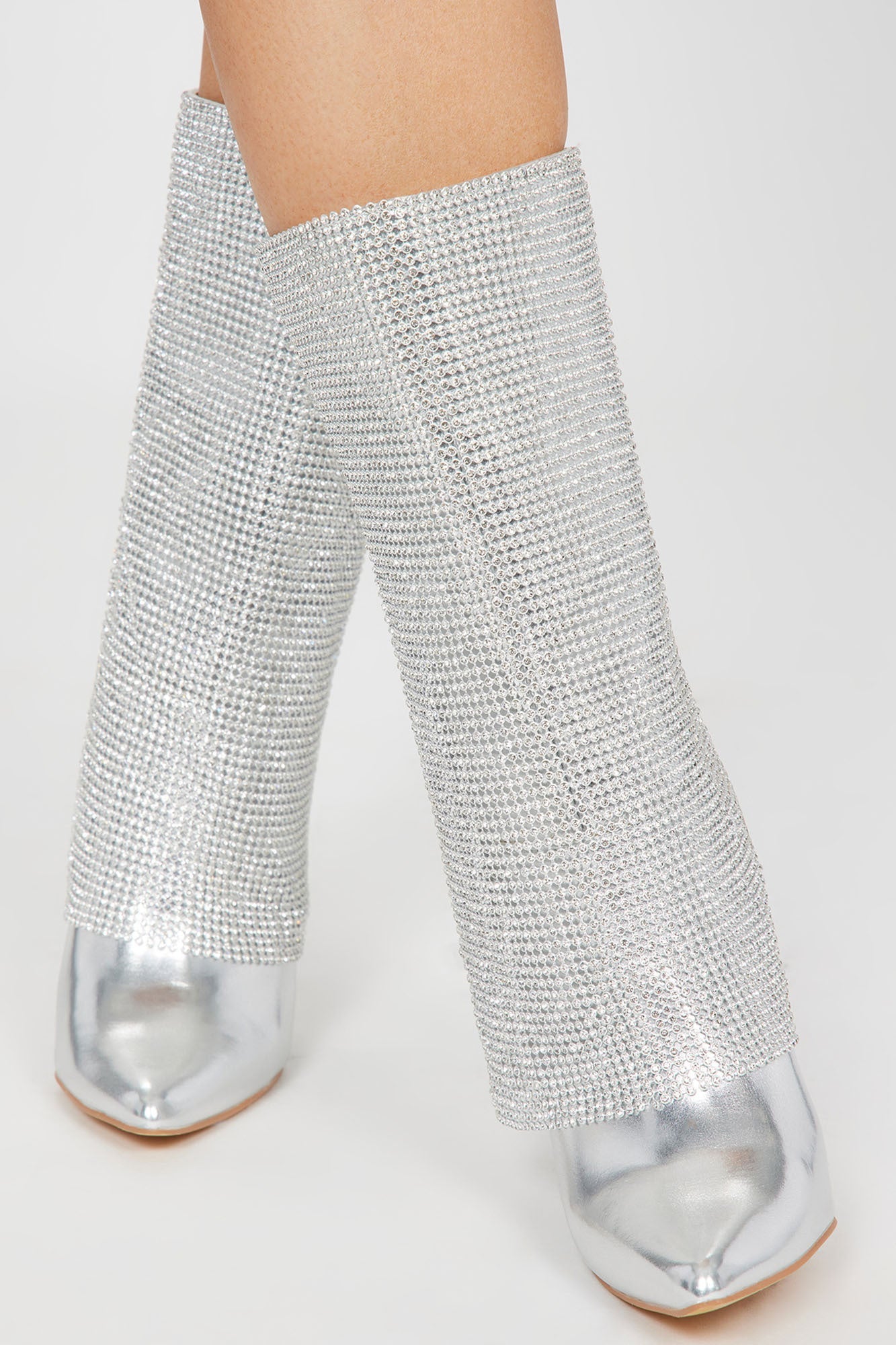 Kenike Demi silver knee high boots embellished overlay detail