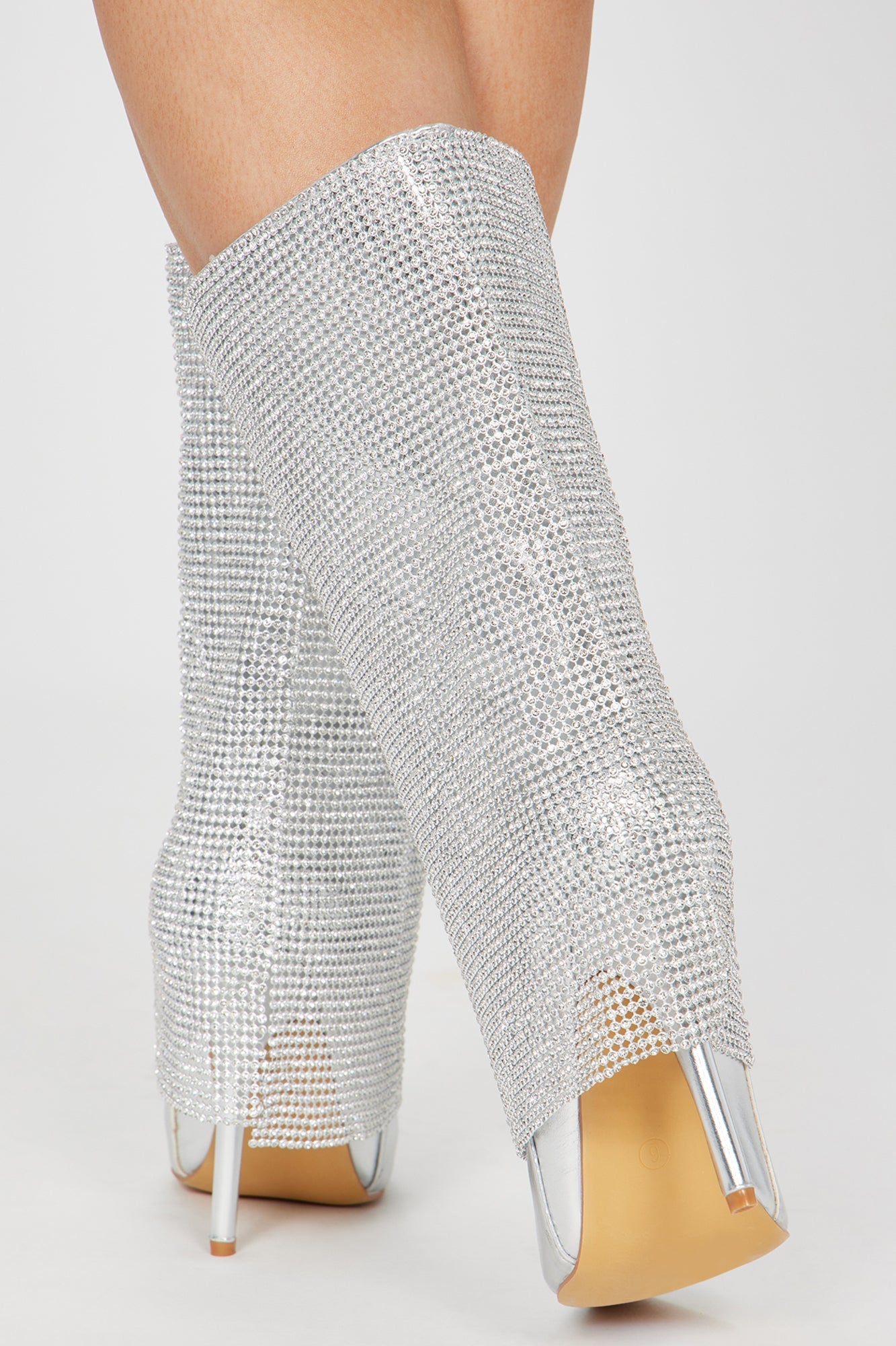 Kenike Demi silver statement knee high boots close-up detail