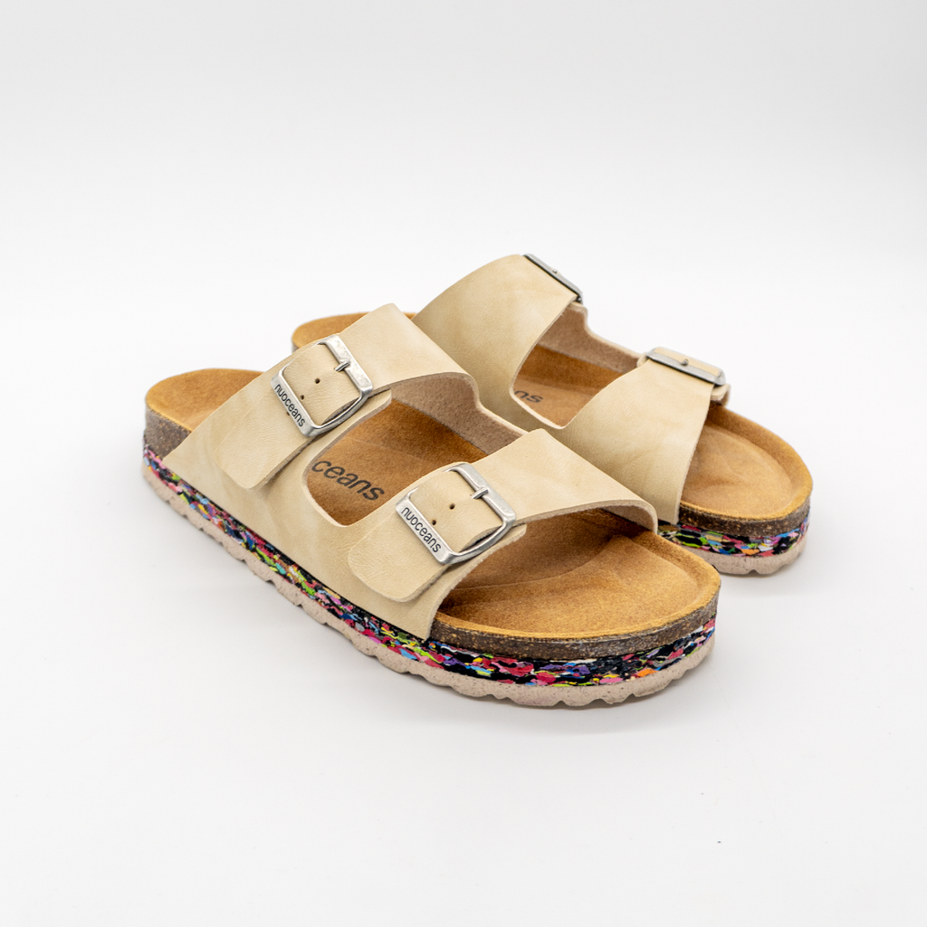 Nuoceans PEBBLE beige recycled vegan leather sandal angled view