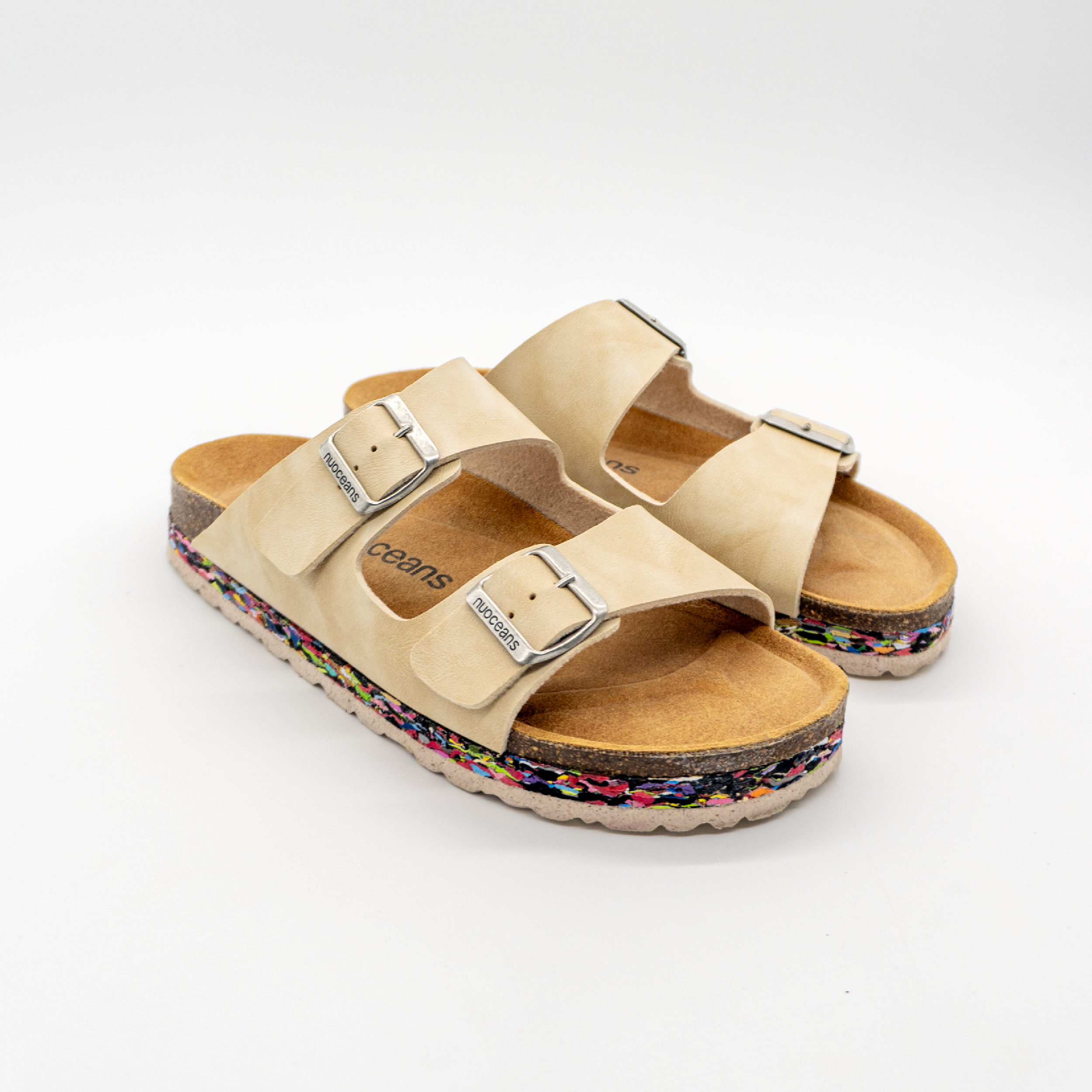 Nuoceans PEBBLE beige recycled vegan leather sandal angled view