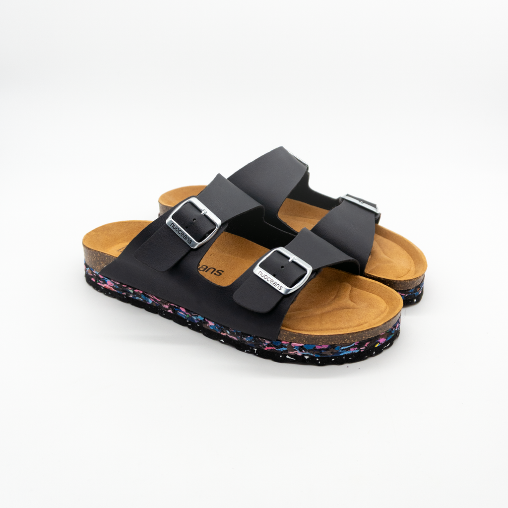 Nuoceans ONYX black recycled vegan leather sandal angled view