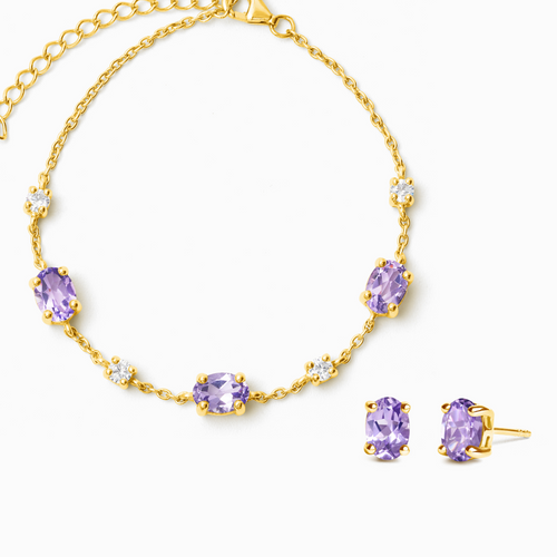 Lavender amethyst jewellery set with bracelet and earrings in 18k gold vermeil on white background