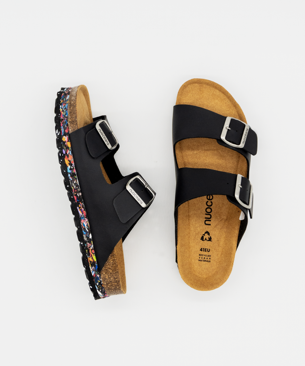 Nuoceans ONYX black vegan leather sandal side view