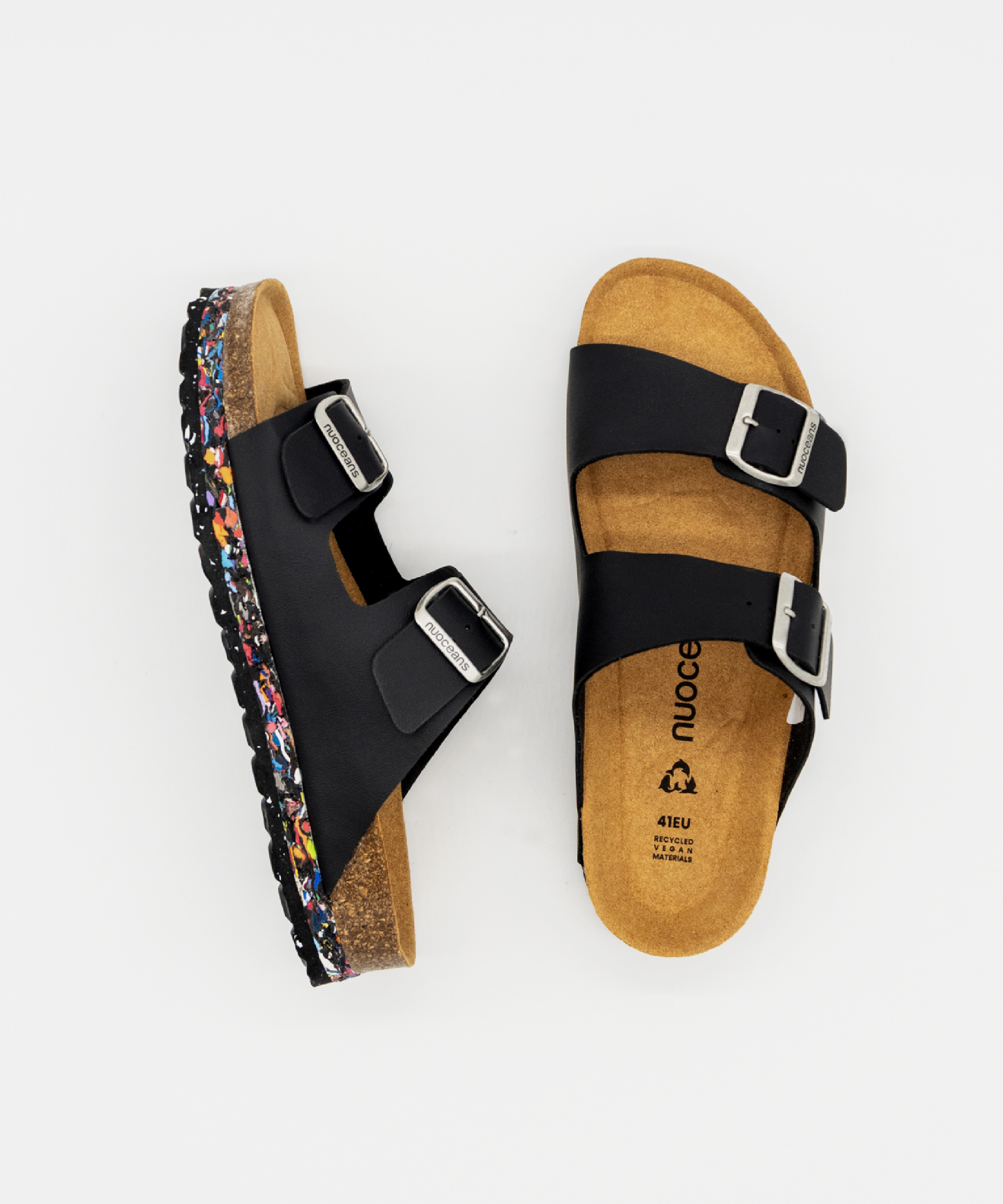 Nuoceans ONYX black vegan leather sandal side view