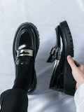 Kenike men's black patent PU leather party loafers front view