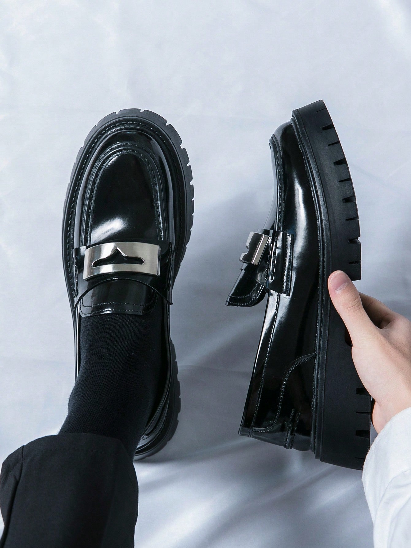 Kenike men's black patent PU leather party loafers front view