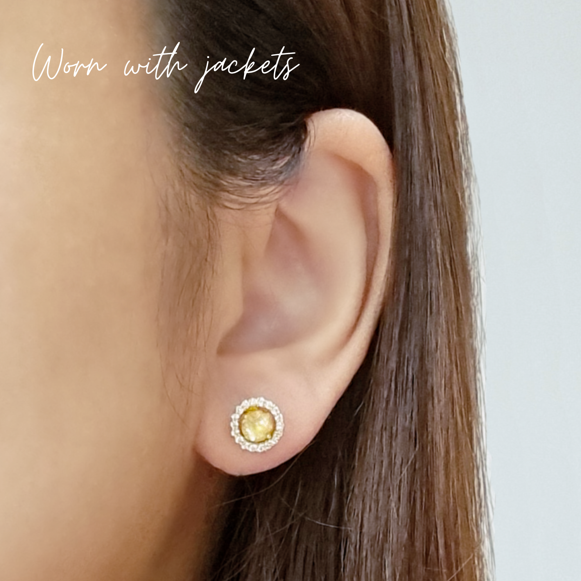 Yellow citrine halo stud earrings in sterling silver lifestyle image
