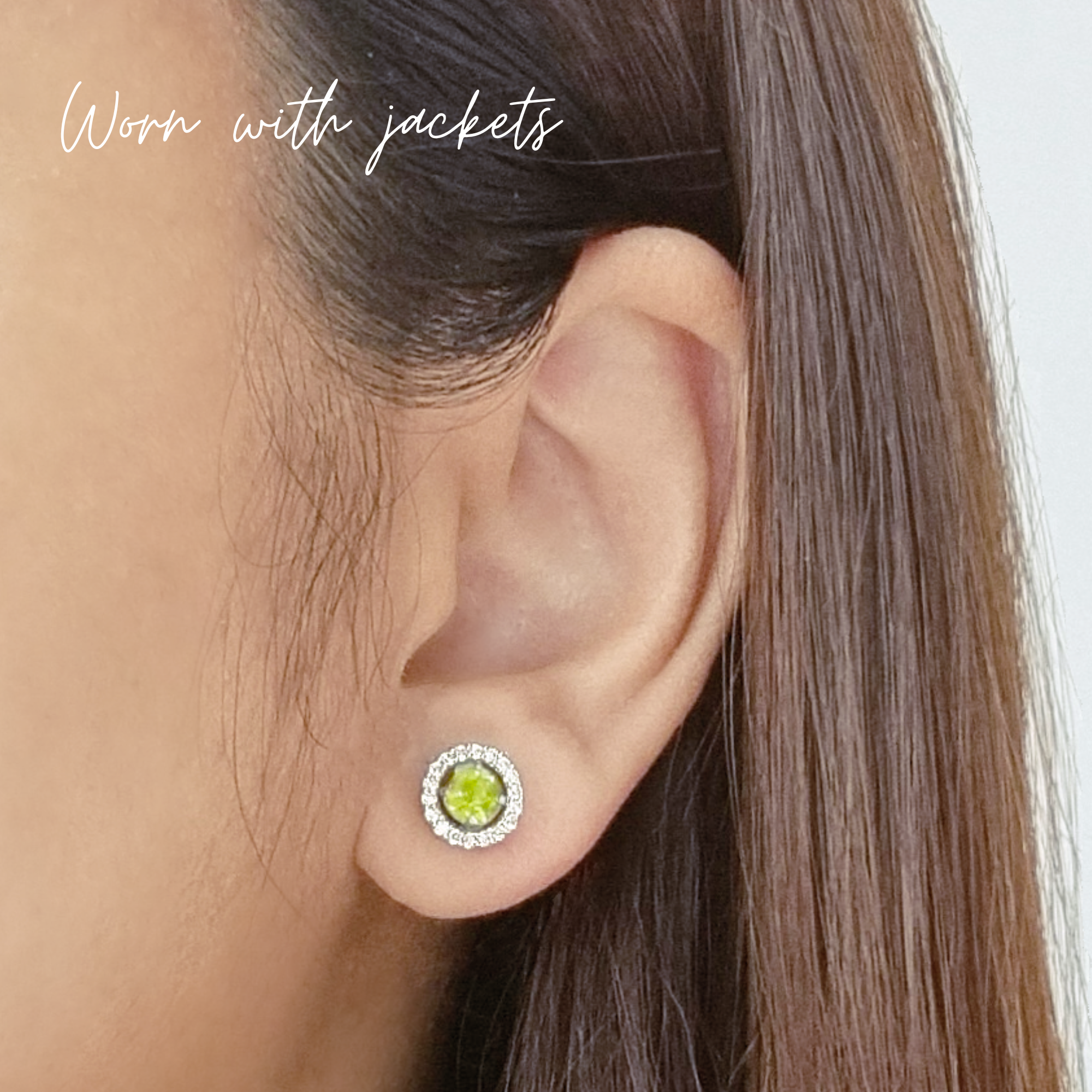 Green peridot halo stud earrings in 18k gold vermeil lifestyle image