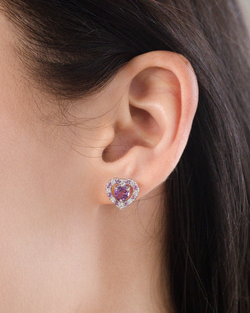 Lavender amethyst heart stud earrings in sterling silver model image