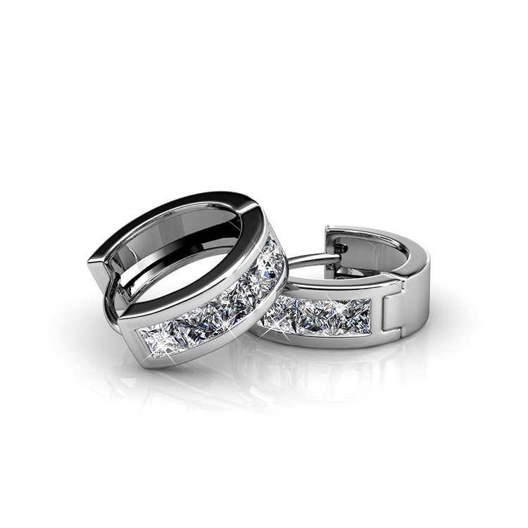 Silver square hoop earrings crystal detail