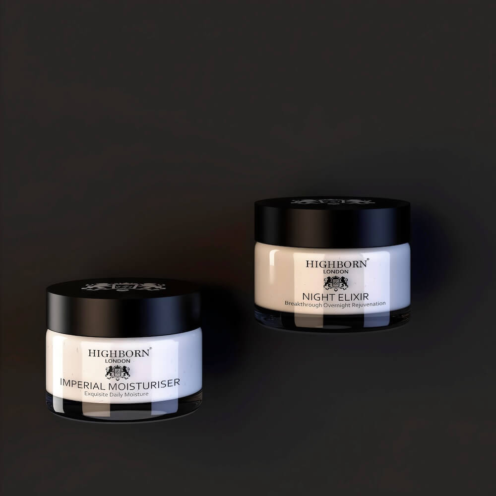 Highborn Ultimate Day and Night Moisturiser Set on dark background