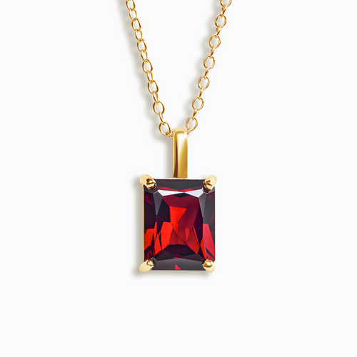 Garnet emerald cut pendant necklace in 18k gold vermeil on white background