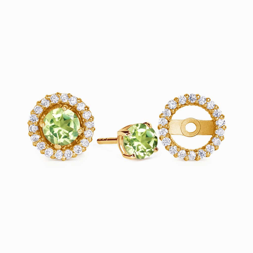 Peridot halo stud earrings with removable jackets in 18k gold vermeil on white background