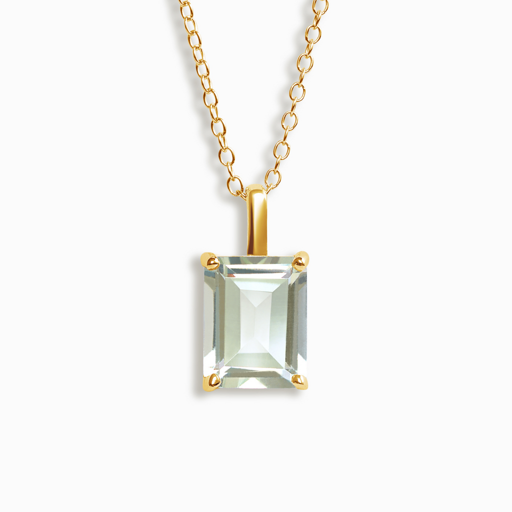 Green amethyst emerald cut pendant necklace in 18k gold vermeil on white background