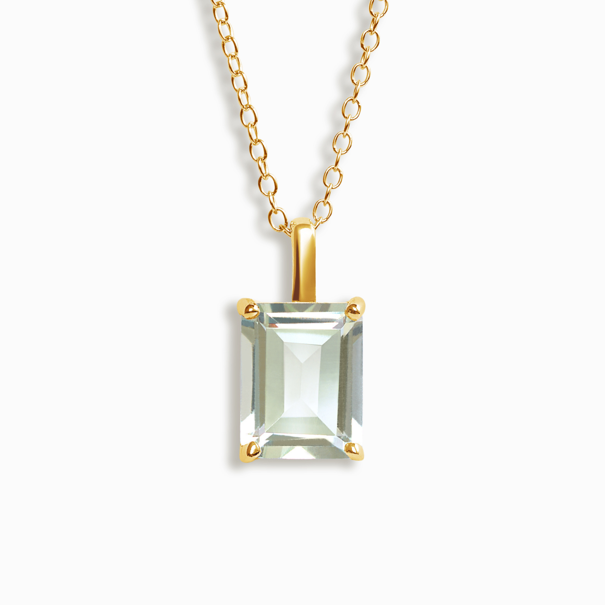 Green amethyst emerald cut pendant necklace in 18k gold vermeil on white background