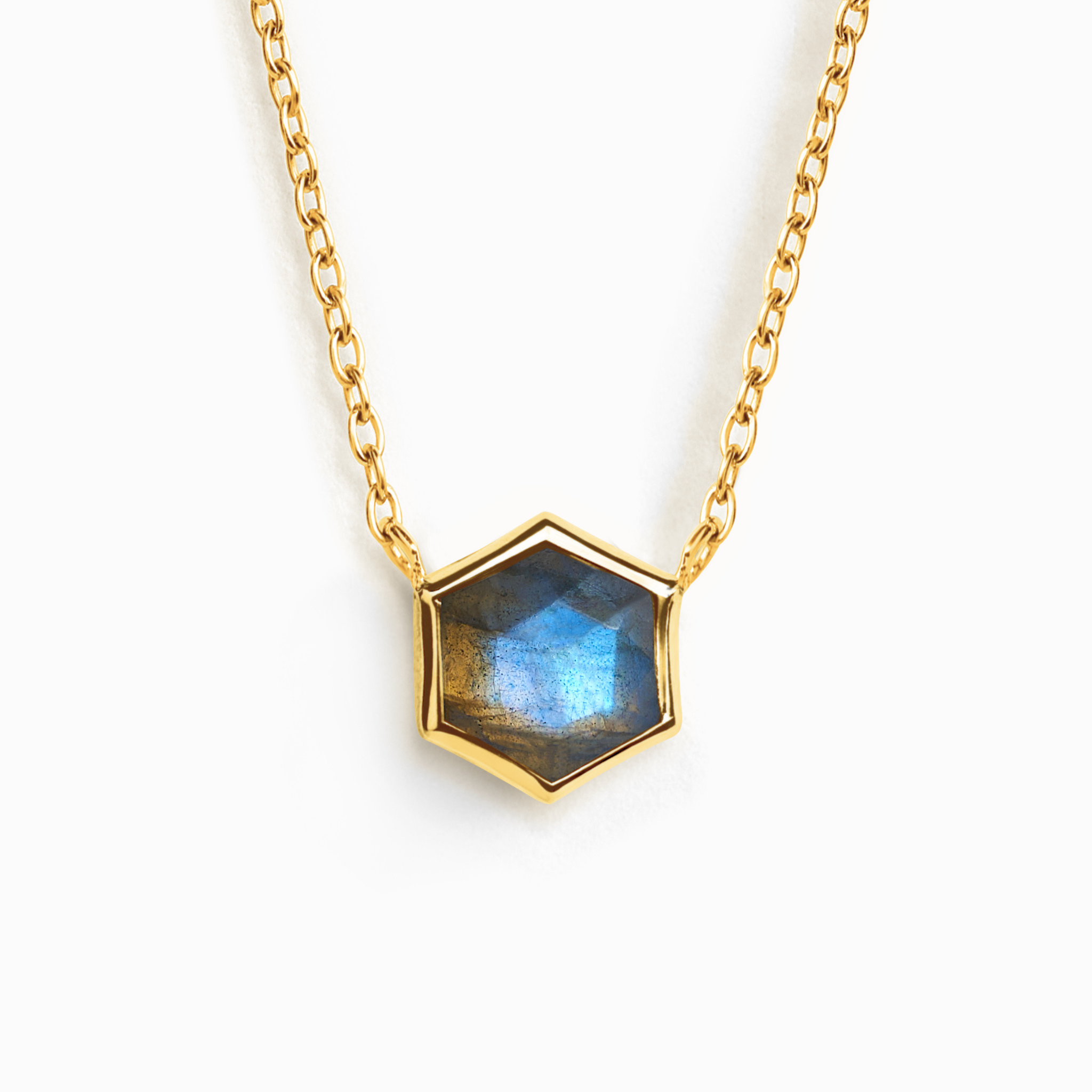 Labradorite necklace with hexagon pendant in 18k gold vermeil on white background