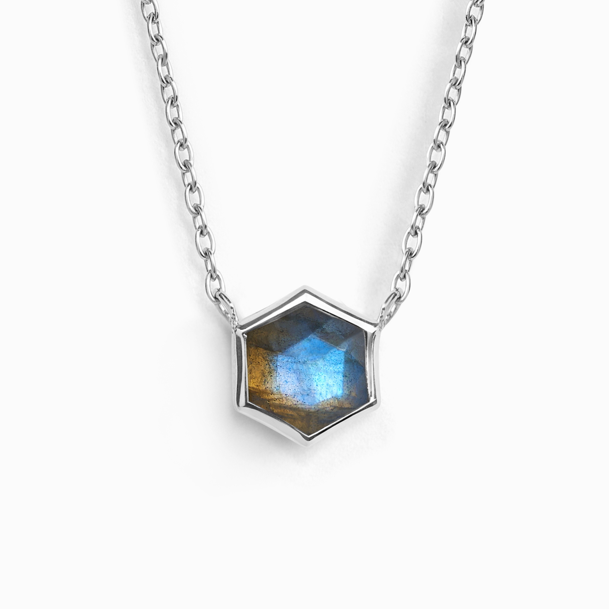 Labradorite necklace with hexagon pendant in sterling silver on white background