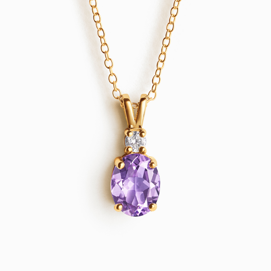 Lavender amethyst pendant necklace in 18k gold vermeil on white background