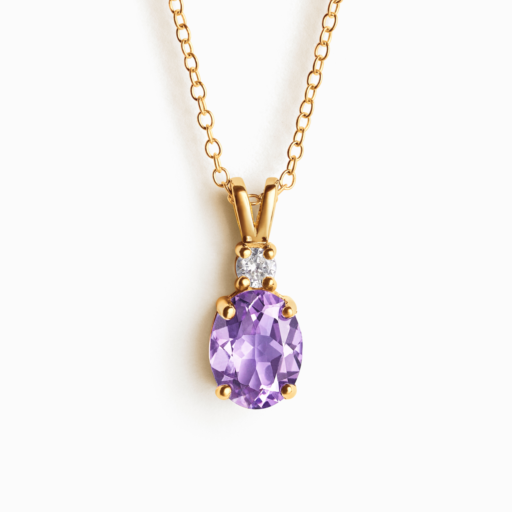 Lavender amethyst pendant necklace in 18k gold vermeil on white background