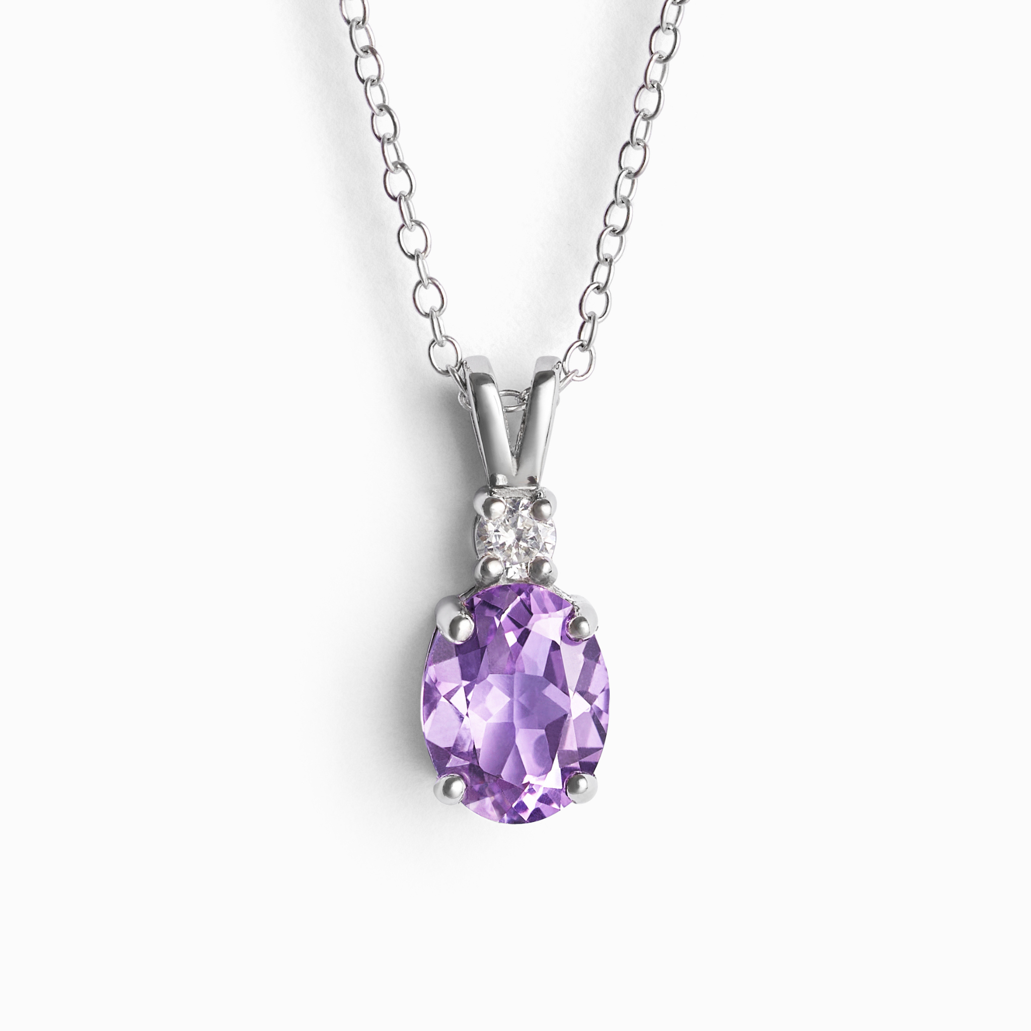 Lavender amethyst pendant necklace in sterling silver on white background