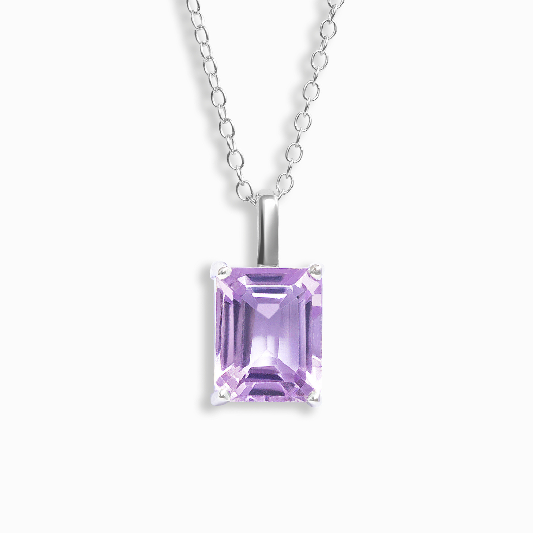 Lavender amethyst emerald cut pendant necklace in sterling silver on white background
