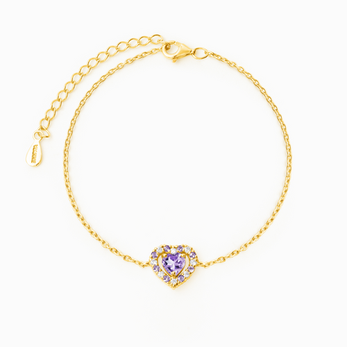 Lavender amethyst heart bracelet in 18k gold vermeil on white background