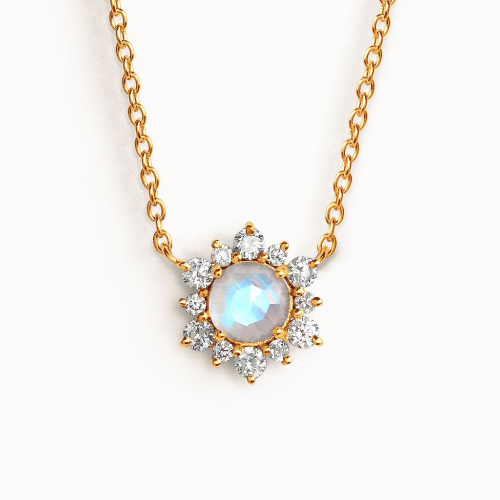 Rainbow moonstone necklace in 18k gold vermeil on white background