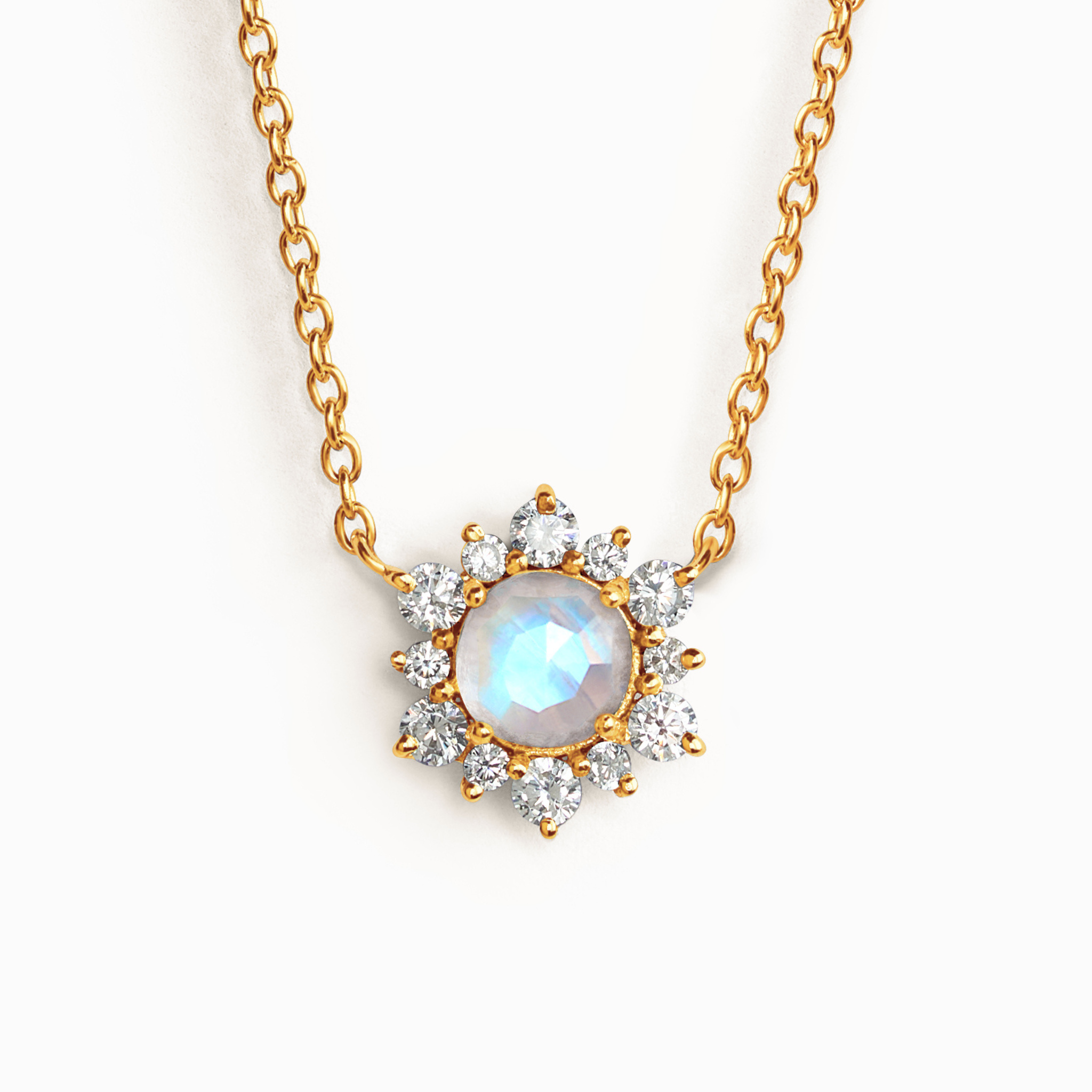 Rainbow moonstone necklace in 18k gold vermeil on white background