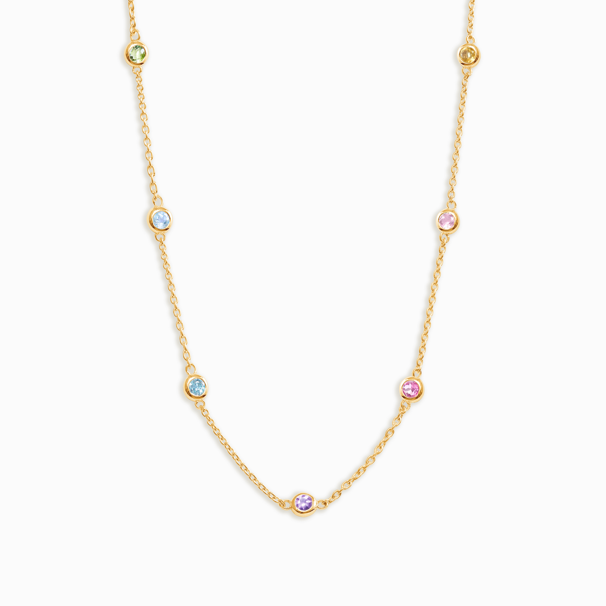Rainbow gemstone necklace in 18k gold vermeil on white background