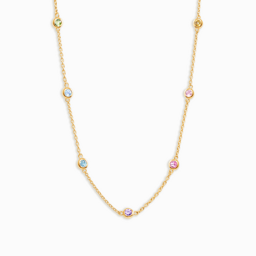 Rainbow gemstone necklace in 18k gold vermeil on white background