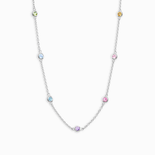 Rainbow gemstone necklace in sterling silver on white background