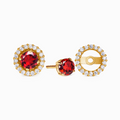 Garnet halo stud earrings with removable jackets in 18k gold vermeil on white background