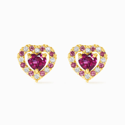 Rhodolite garnet heart stud earrings in 18k gold vermeil on white background