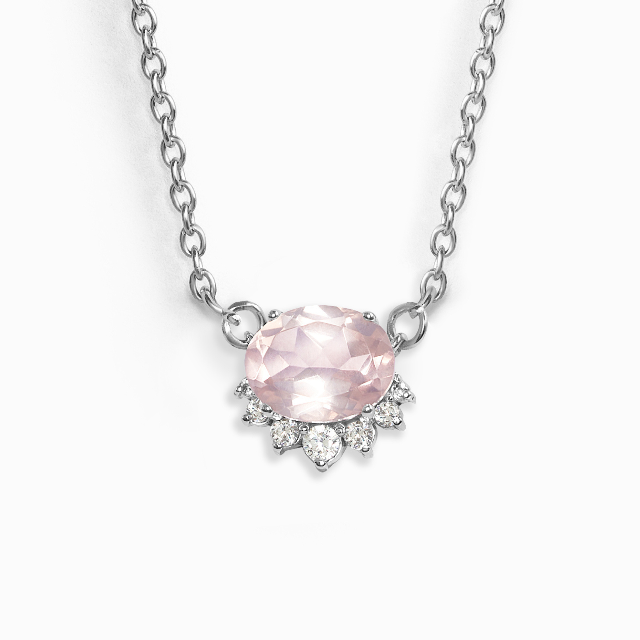 Aria rose quartz necklace in sterling silver on white background