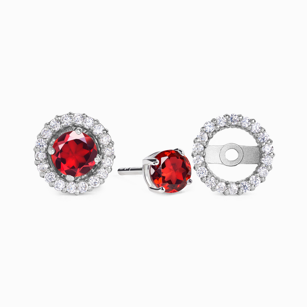 Garnet Halo Stud Earrings with Jackets in Sterling Silver