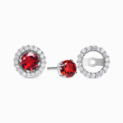 Garnet halo stud earrings with jackets in sterling silver on white background