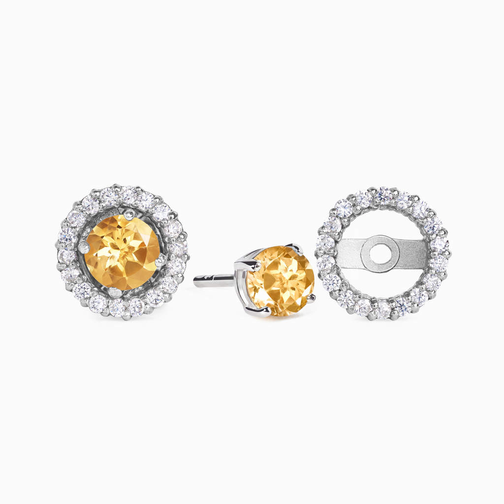 Citrine halo stud earrings with removable jackets in sterling silver on white background