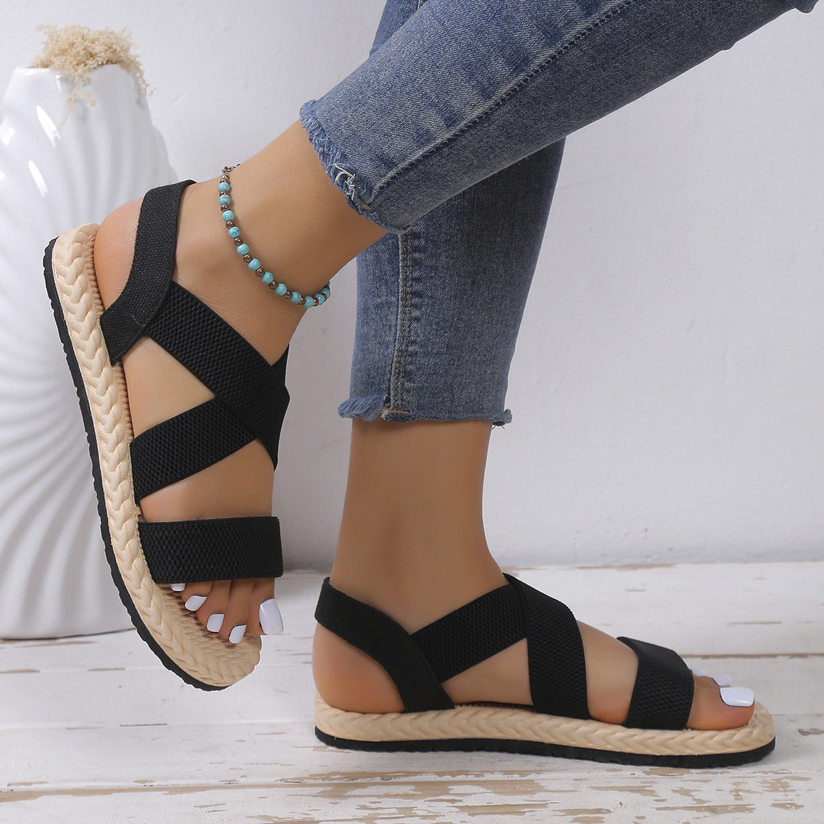 Kenike flat Roman cross strap soft bottom sandals apricot variant
