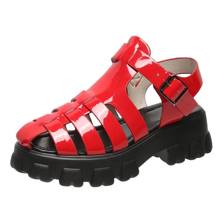 Kenike red mid heel buckle strap platform Roman sandals variant