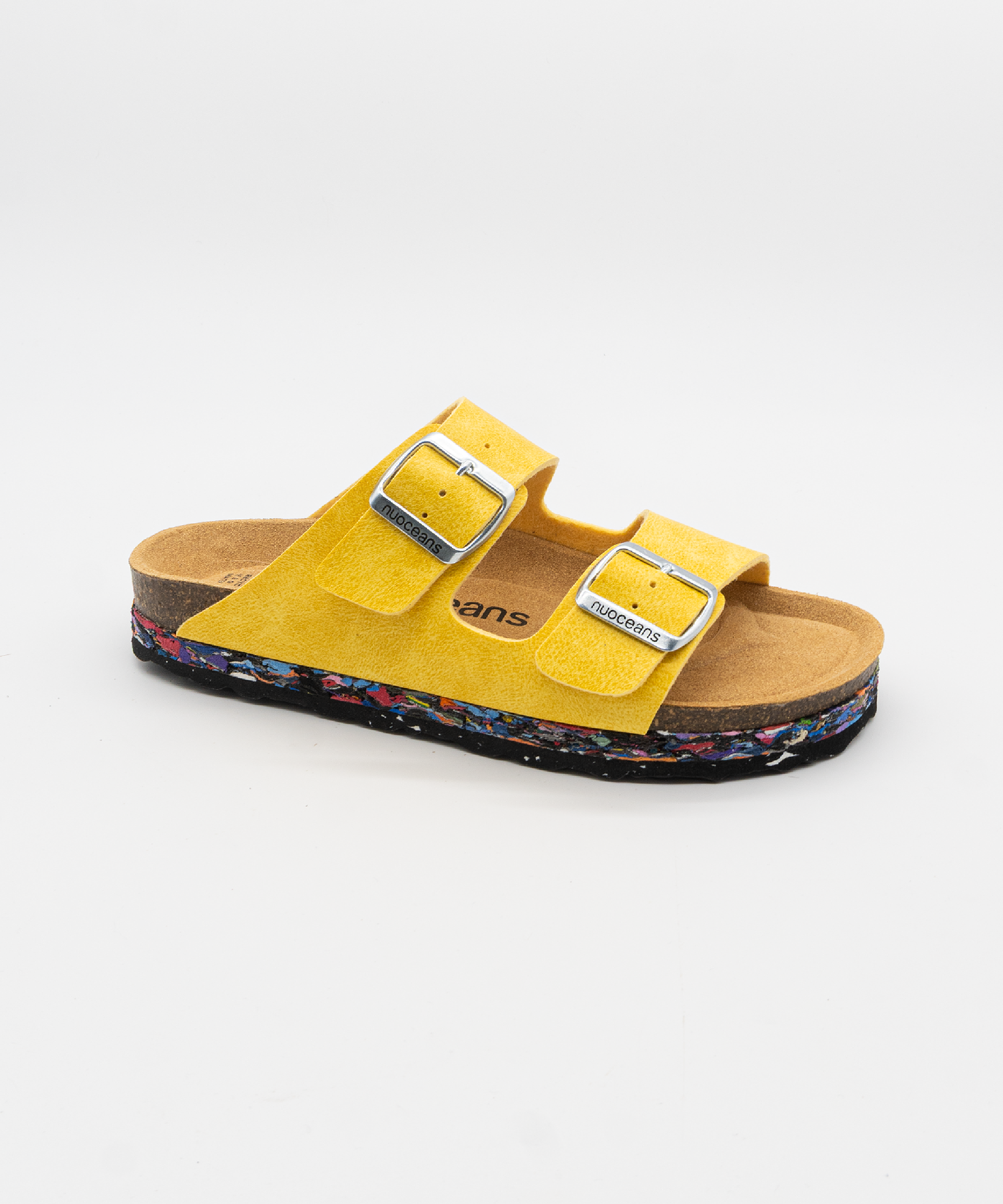 Nuoceans YUZU yellow recycled vegan leather sandal angled view
