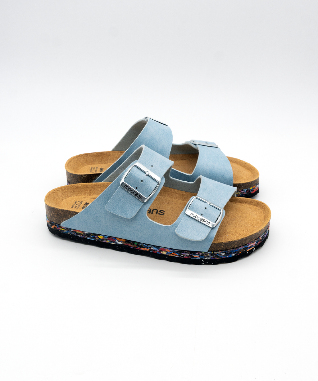 Nuoceans SKYE light blue recycled vegan leather sandal angled detail