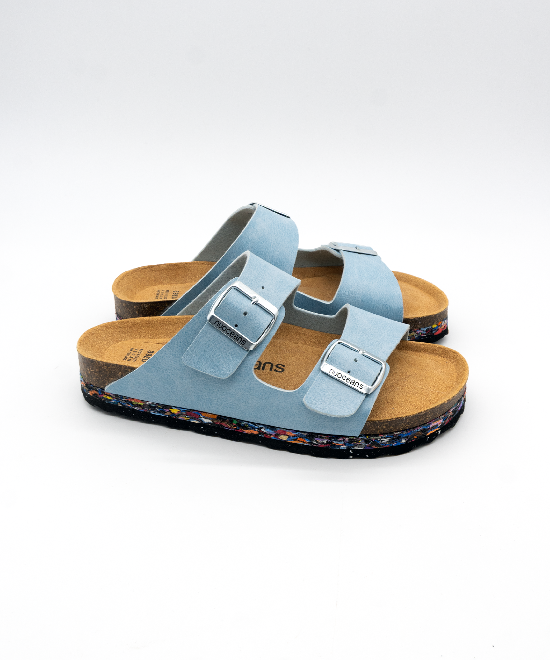 Nuoceans SKYE light blue recycled vegan leather sandal angled detail