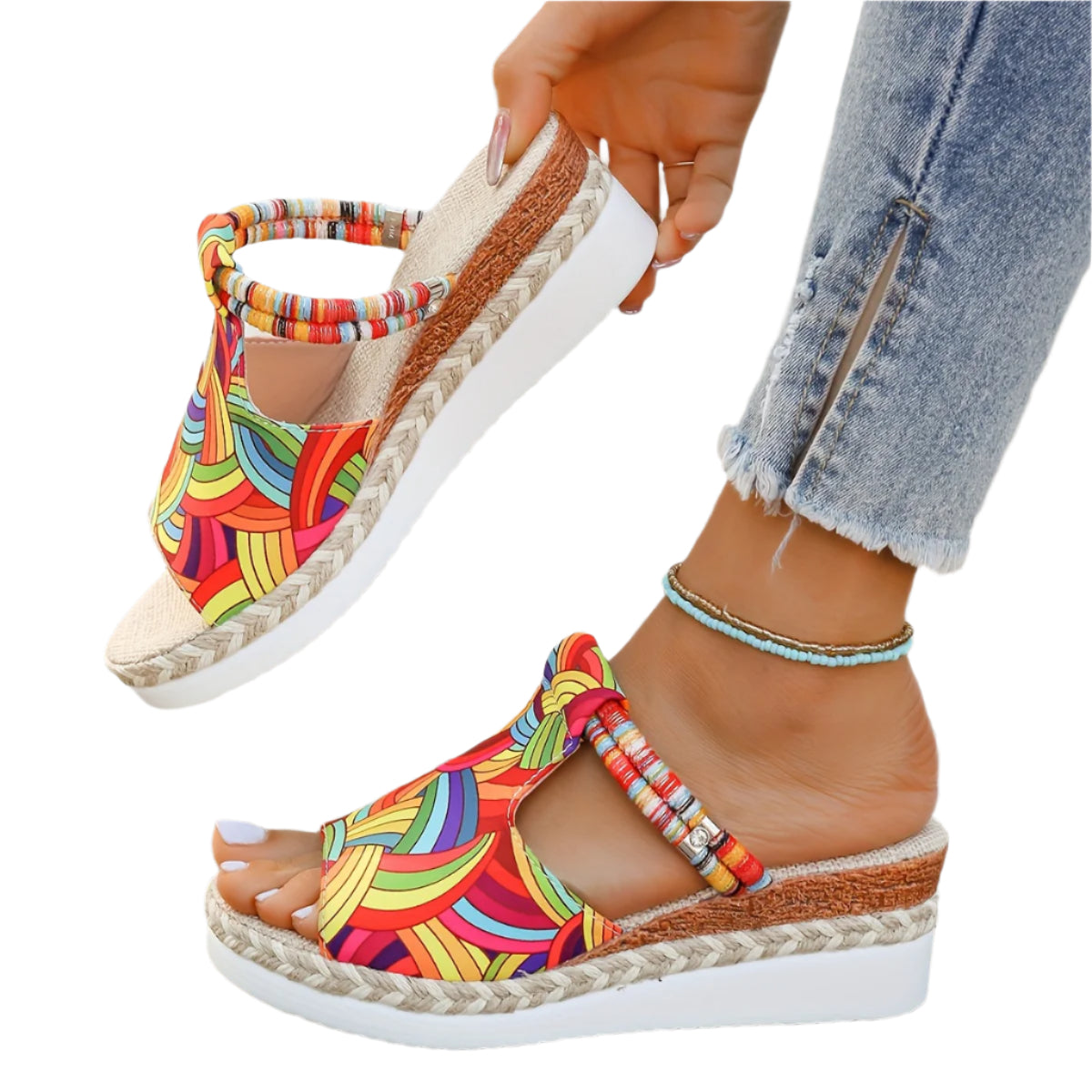 Kenike colourful graffiti espadrille wedge sandals front view