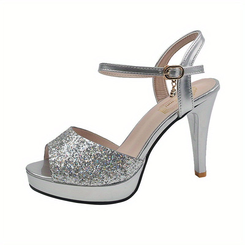 Kenike silver one-line buckle thin strap open toe high heels UK 4 variant