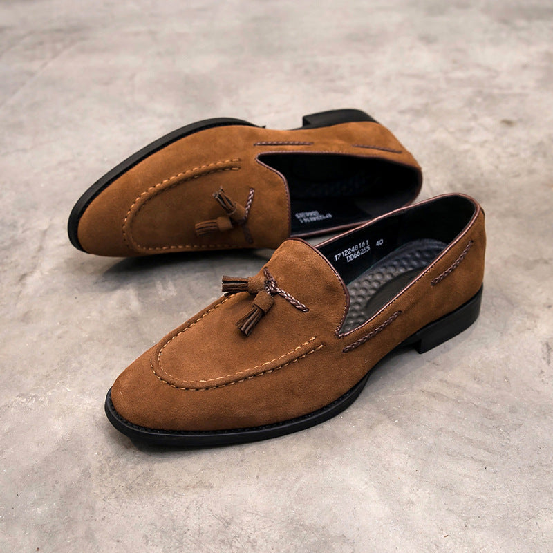 Kenike men's black slip-on leather shoes angled view