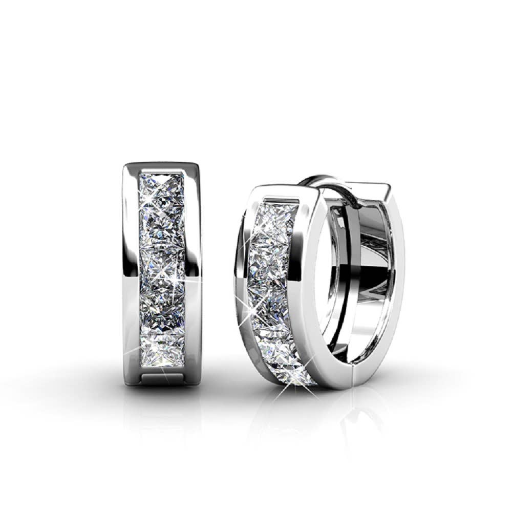 Silver and crystal square hoop earrings front view