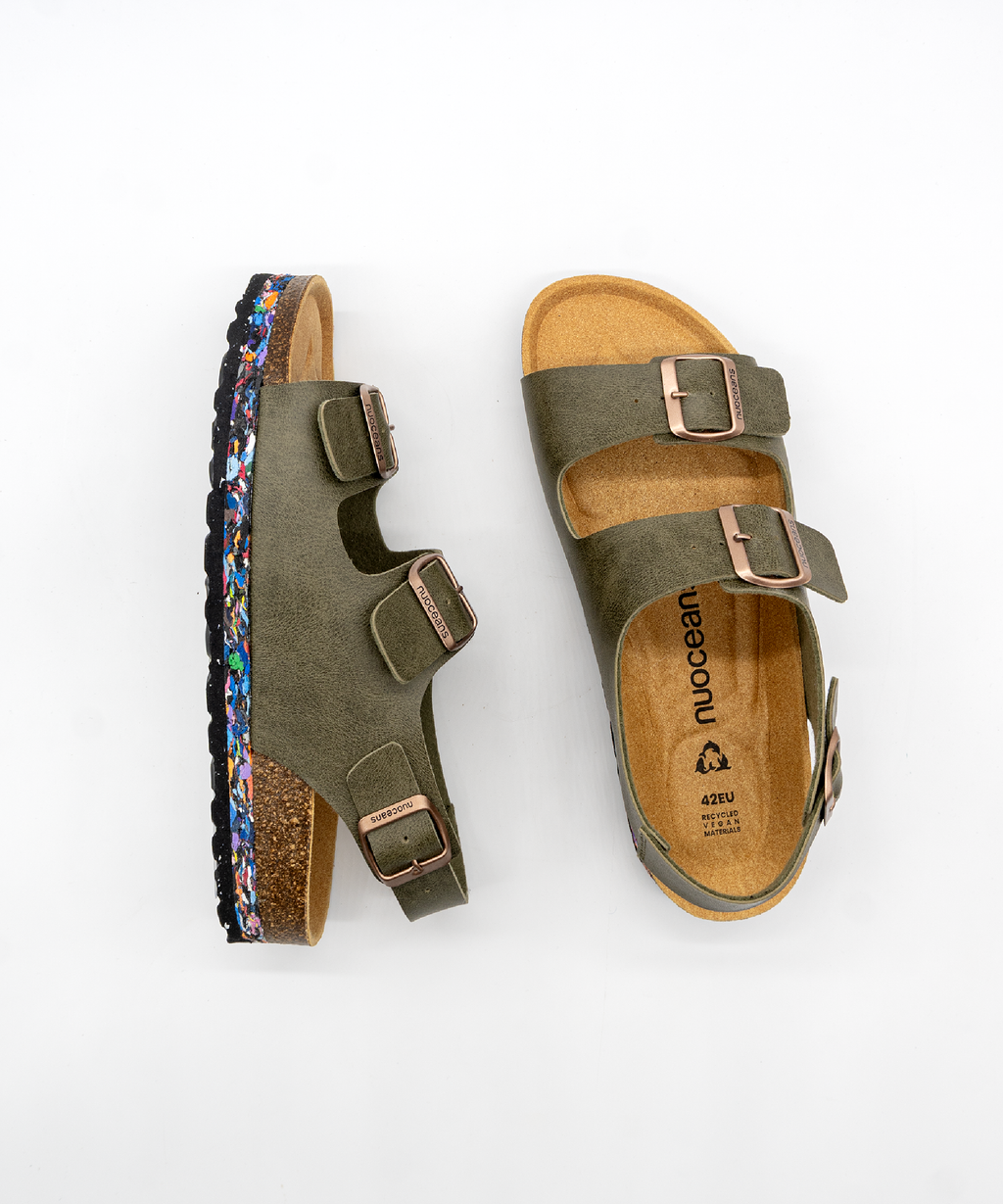 Nuoceans MOSSY khaki vegan leather backstrap sandal side view