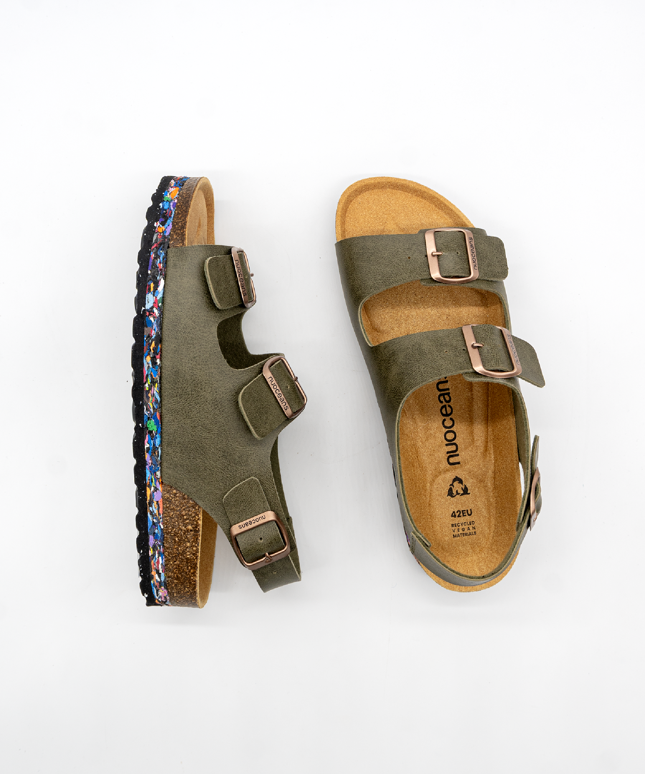 Nuoceans MOSSY khaki vegan leather backstrap sandal side view