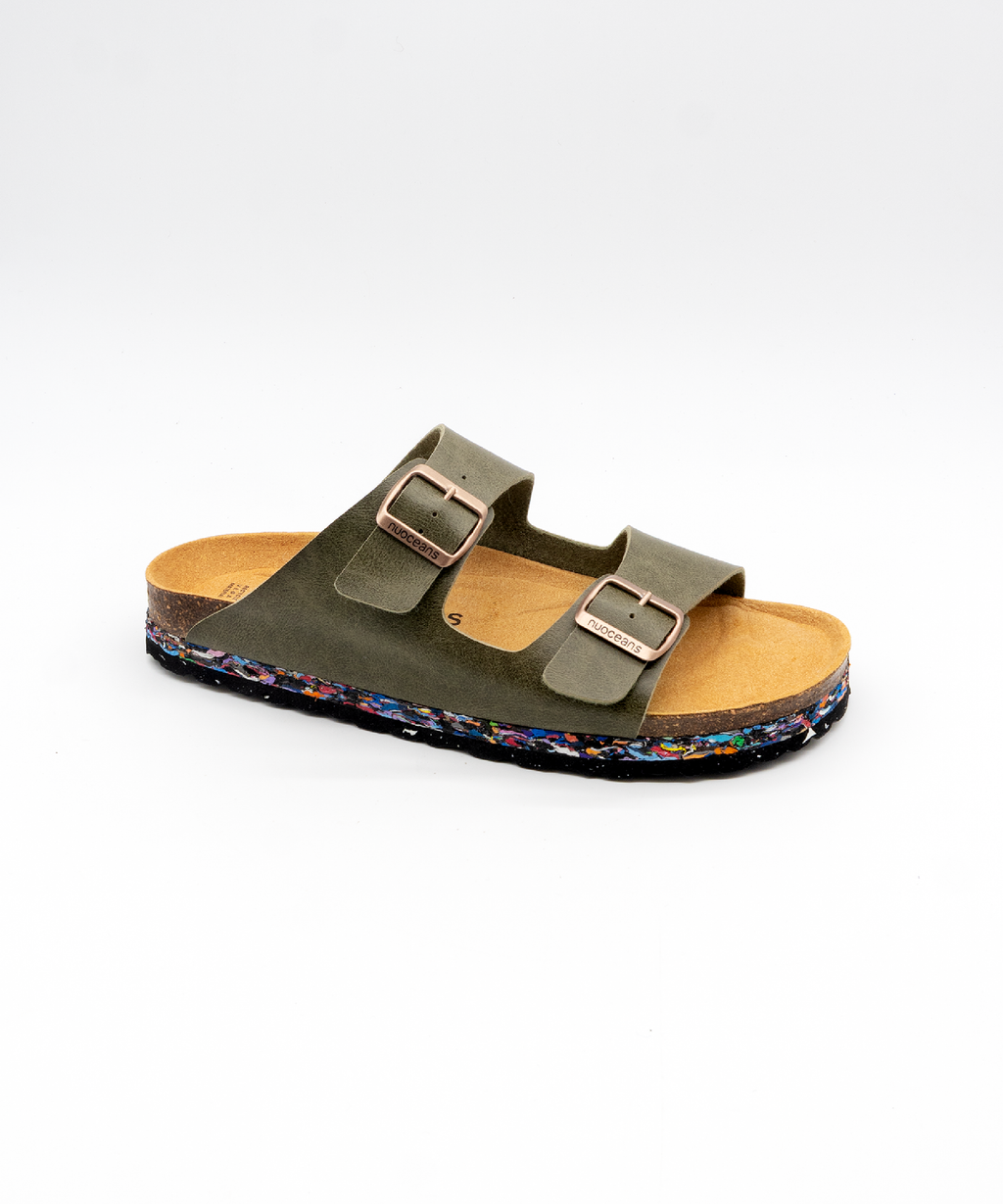 Nuoceans NORI khaki recycled vegan leather sandal angled view